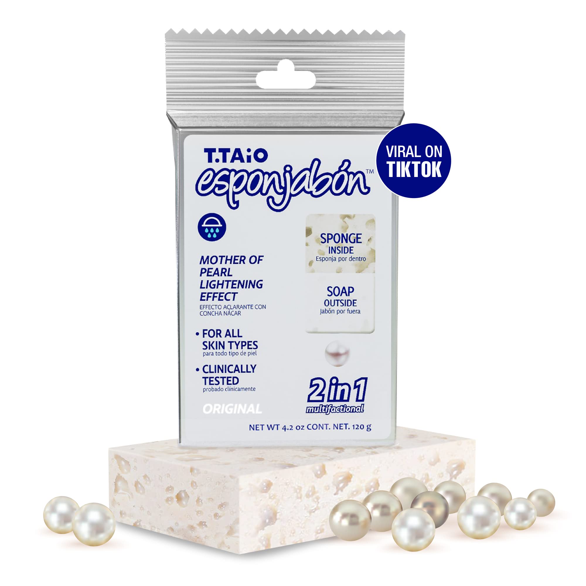 T. Taio Mother of Pearl Esponjabon Soap Sponge - Gentle Shower Scrubber - Cleaning Bath Wash Scrub - Dirt & Oil Removal - Massage & Lather Foot, Elbow, & Face Bathroom Accessories Fresh Nacre Scent