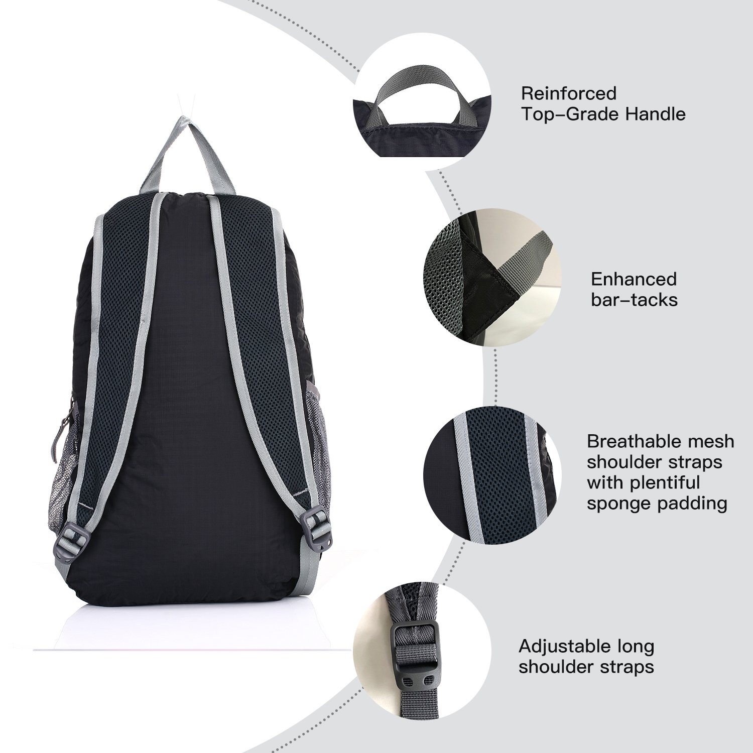 Outlander Packable Handy Lightweight Travel Hiking Backpack Daypack, Black