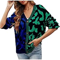 Women Leopard Contrast Sweater Jackets Button Down Open Front Long Sleeve Cardigan Sweaters Fall Fashion Casual Coat