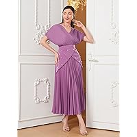 Women's Dresses Surplice Neck Batwing Sleeve Pleated Hem Dress Dress for Women (Color : Purple, Size : Large)