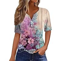 Summer Tops for Women 2024 T Shirt Print Button Short Sleeve Daily Weekend Fashion Basic V- Neck Regular Top