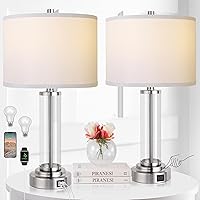QiMH Table Lamps for Bedrooms Set of 2, Touch Control Table Lamp with USB C+A, 3-Way Dimmable Modern Nightstand Lamp with Fabric Cream Shade for Bedroom Table Living Room Reading Bulbs Included