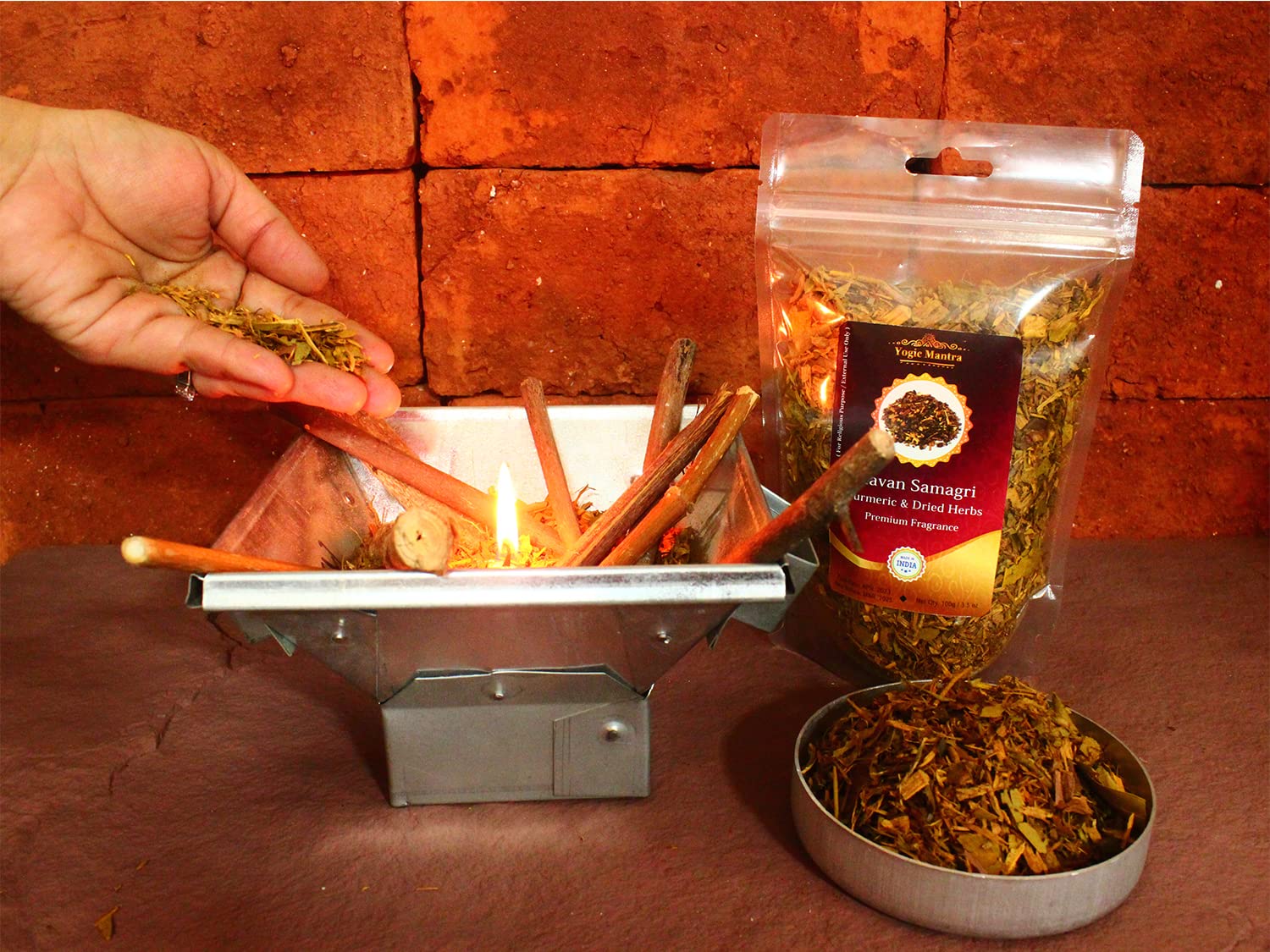 Yogic Mantra Havan Samagri for Burning (100g Fragrant Dried Herbs with Turmeric) Hawan Kund Home Puja, Yagya, and Holy Hindu Pooja Religious Ceremony, Worship & Rituals