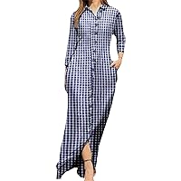 YMING Womens Casual Button Down Shirt Dress Long Sleeve Maxi Blouse Dresses Lapel Flowy Long Dress with Pockets