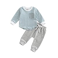 Hnyenmcko Toddler Baby Boy Clothes Long Sleeve Striped Crewneck T-Shirt Top + Solid Drawstring Pants Set Infant Fall Outfits