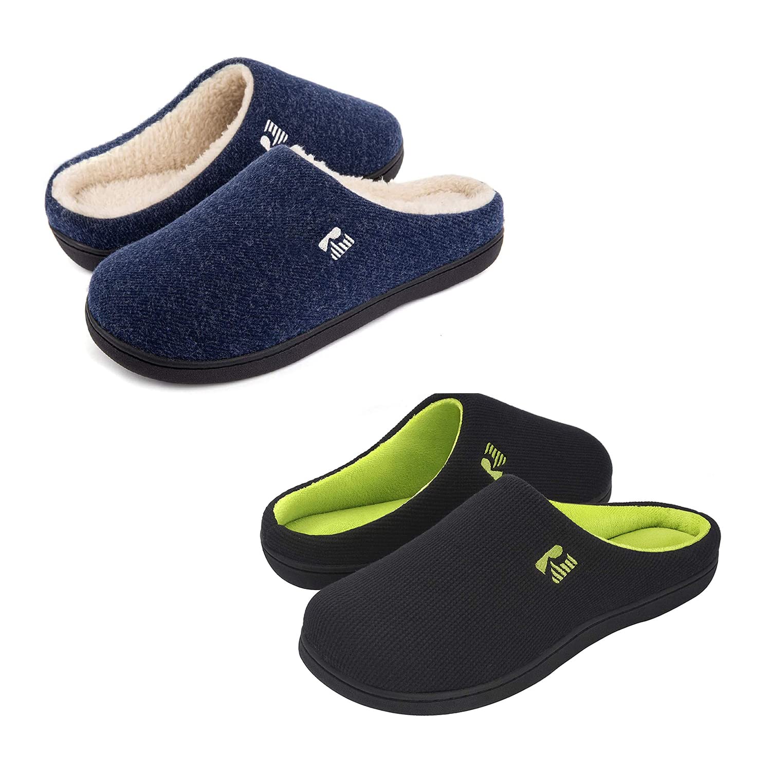 RockDove Set of 2 Pairs - Size 9-10, Men's Original Two-Tone Memory Foam Slipper(Black/Lime) Men's Sherpa Lined Memory Foam Clog Slipper(Navy Blue)