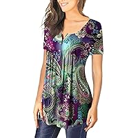 Women Tops,Loose Plus Size Printed Tunic V-Neck Summer Short Sleeve Shirt Button Sexy Tees Trendy Top Blouse