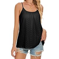 Eyelet Tank Top with Built in Bra Cup for Women Casual Flowy Loose Fit Padded Summer Sleeveless Camisole Shirt Top S-4XL