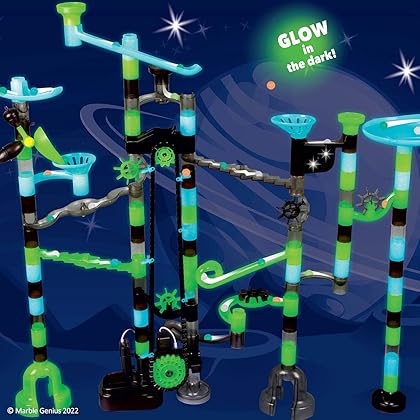 Marble Run Space Elevator with Glass Glow Marbles; Explore The Outer Space, 150 pcs - Illuminated by Glow in The Dark Marbles, Navigate an Intricate Maze Track, and Compete in an Exciting Race Set