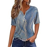 Womens Tops Short Sleeve V Neck Button Collar Geometry Printed Vintage T Shirts 2024 Summer Casual Baggy Blouse