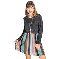 Eloges Women's Knit Contrast Stripe Checker Pullover Mini Dress