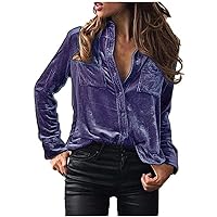 Womens Turn Down Collar Velvet Shirts Button Down Velours Blouses Long Sleeve Comfy Work Top with Front Pockets
