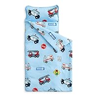 Wake In Cloud - Nap Mat with Removable Pillow for Kids Toddler Boys Girls Daycare Preschool Kindergarten Sleeping Bag, Police Cars Rescue Vehicles on Light Blue, 100% Soft Microfiber