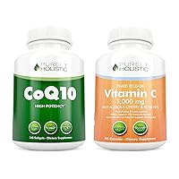 Purely Holistic CoQ10 100mg + Vitamin C 1000mg with Rosehip & Acerola Cherry Bioflavonoid - 120 Softgels & 365 Capsules Bundle - Made in USA