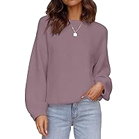 ZESICA Women's 2024 Crew Neck Long Lantern Sleeve Casual Loose Ribbed Knit Solid Soft Pullover Sweater Tops