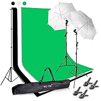 Photography Photo Video Studio Background Stand Support Kit with 3 Muslin Backdrop Kits (White/Black/Chromakey Green Screen Kit),1050W 5500K Daylight Umbrella Lighting Kit with Carry Bag