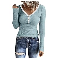 FYUAHI Women Long Sleeve Shirt V Neck Button Solid Color Slim Fitting Top Polo Trendy Casual Shirts Fall Tunic Tops