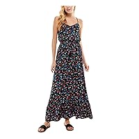 Womens Black Adjustable Ruffled Unlined Tie Detail Pullover Floral Spaghetti Strap V Neck Maxi Fit + Flare Dress Juniors XXS, XX-Small Petite