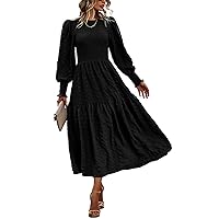 PRETTYGARDEN Women 2024 Puff Long Sleeve Crewneck Smocked Maxi Dress Solid Empire Waist Tiered A-line Swing Flowy Long Dress