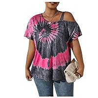 SOLY HUX Women's Plus Size Tie Dye Top Casual Summer Short Sleeve Cold Shoulder Tee Shirt Tops