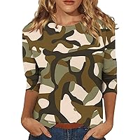 3/4 Length Sleeve Womens Tops,Trendy Camo Print Crew Neck Workout Shirts Women Casual Going Out Tops for Women