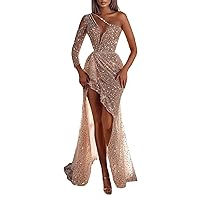 Women's Fashion Sexy Gold Sprinkled One Shoulder Banquet Diamond Inlay Hip Wrap Evening Dress Cocktail, S-2XL