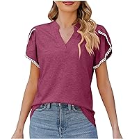 Cute Tops for Women Lace Petal Sleeve V-Neck Pullover Trendy Solid Color Summer Casual Short Sleeves Blouse T-Shirt