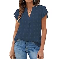 Womens Summer Short Sleeve Blouses 2023 Business Casual V Neck Shirts Fashion Swiss Dot Tunic Tops