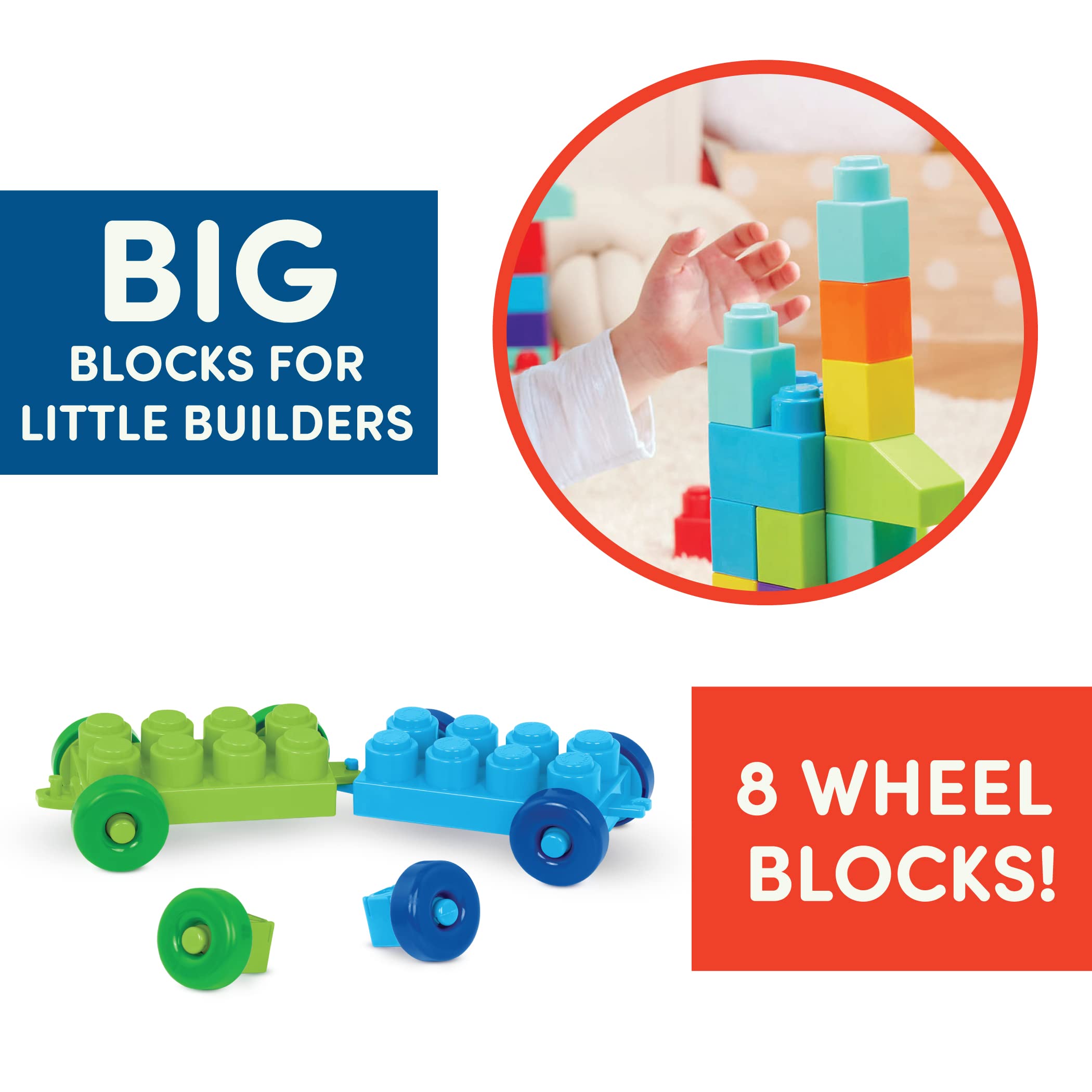 Battat – Large Building Blocks – 80 Colorful Pieces – 8 Wheel Bricks – Zippered Storage Bag – 12 Months + – Bag o' Blocks