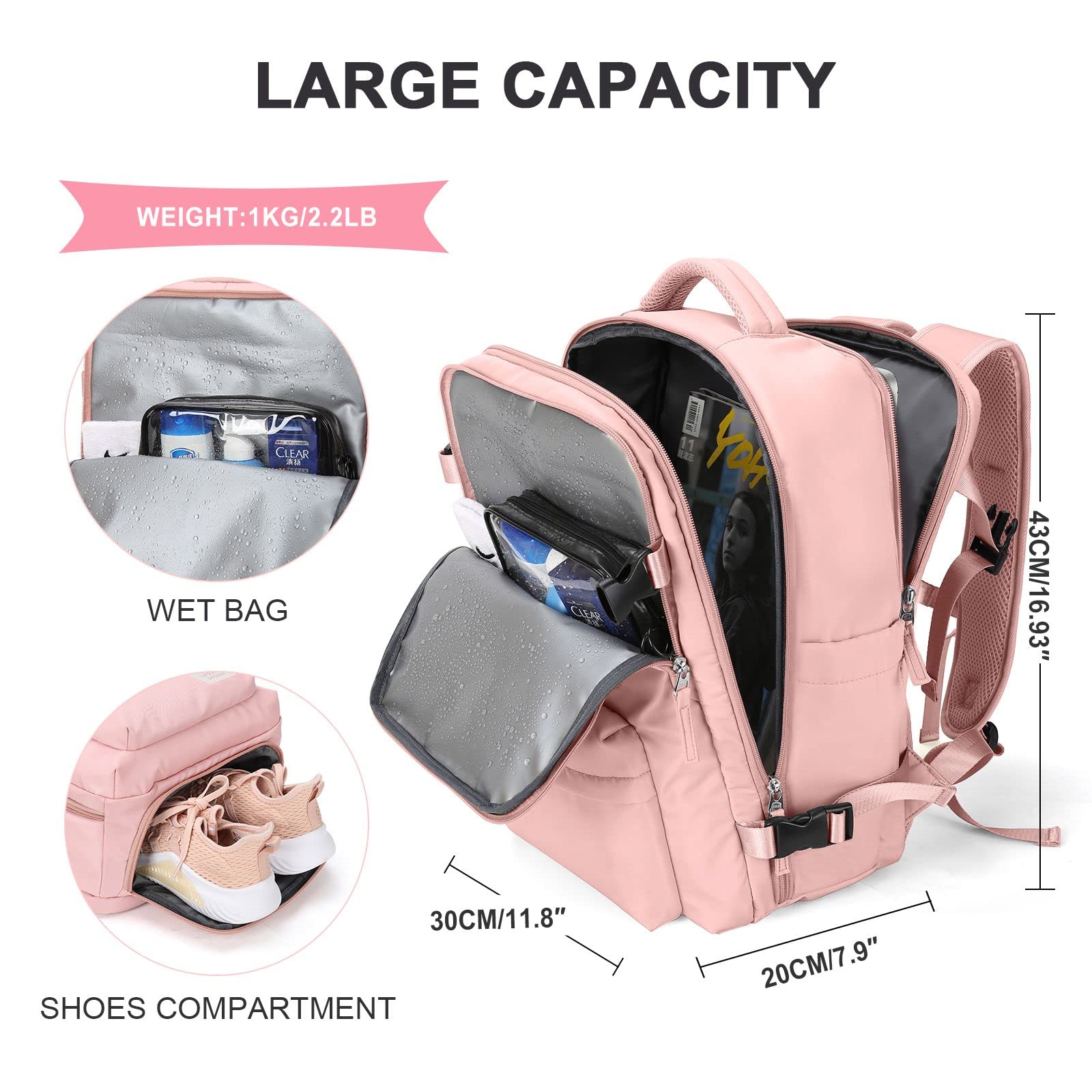 Large Travel Backpack Women, Carry On Backpack,Hiking Backpack Waterproof Outdoor Sports Rucksack Casual Daypack with Shoes Compartment, Pink
