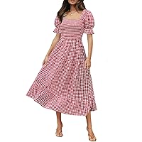 MEROKEETY Women's Plaid Square Neck Ruffle Puff Sleeve Midi Dress Summer Boho Backless Smocked Dress