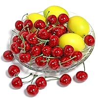 Artificial Fruit, 12 Pcs Fake Lemon and 50 Pcs Faux Cherries for Home Holidays Decoration