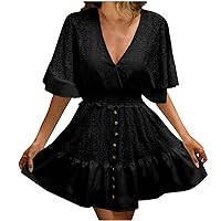Deep V Neck Lace Mini Dress Women Flowy Batwing Sleeve Smocked High Waist A-Line Dress Lace-Up Backless Beach Dress