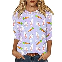 3/4 Sleeve Tops Women's Shirt Round Neck Blouse Vintage Fashion Tunic Easter Print Summer Basic Collar Summer Tee