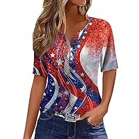 Womens 4Th of July Clothes Henley Shirt Button V Neck Patriotic Short Sleeve American Flag Shirt Summer Tops Blouse