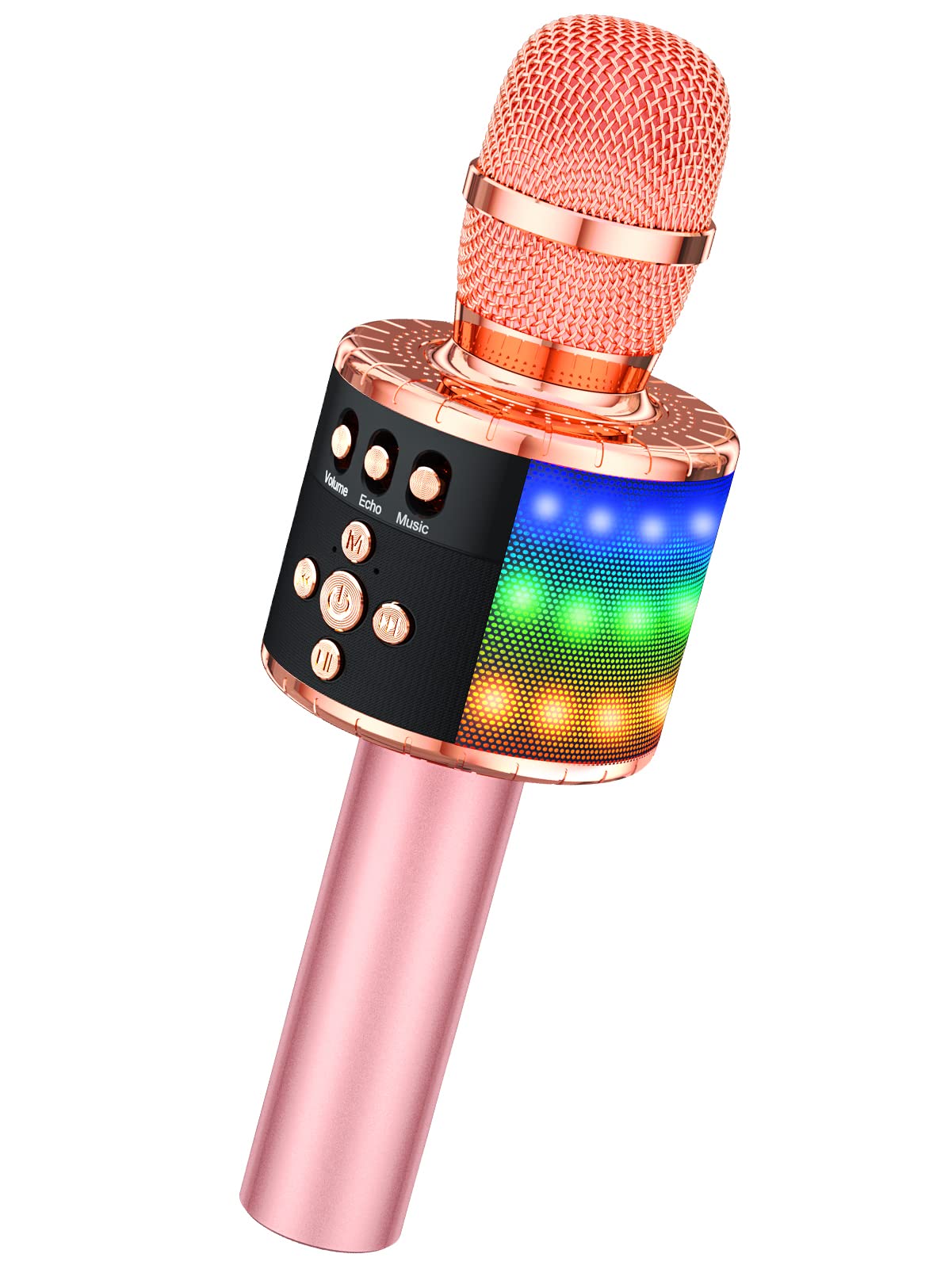 BONAOK Wireless Bluetooth Karaoke Microphone with Controllable LED Lights, 4-in-1 Portable Handheld Mic Speaker for All Smartphones, Birthday for Kids Adults All Age Q78(Rose Gold)