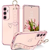 GUAGUA for Samsung Galaxy S24 Case, Galaxy S24 Phone Case with Wrist Strap, Slim Flexible TPU Plating Love Heart with Wristband Kickstand Shockproof Protective Phone Case for Samsung S24 6.2'', Pink