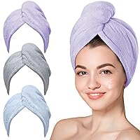 Hicober Microfiber Towel, 3 Packs Hair Turbans for Wet Hair, Drying Hair Wrap for Curly Hair Women Anti Frizz(Purple,Blue,Grey)