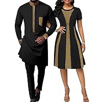 African Attire for Couple Women Print Wax Crew Neck Dress with Men Dashiki Long Vest Shirt and Pants Sets