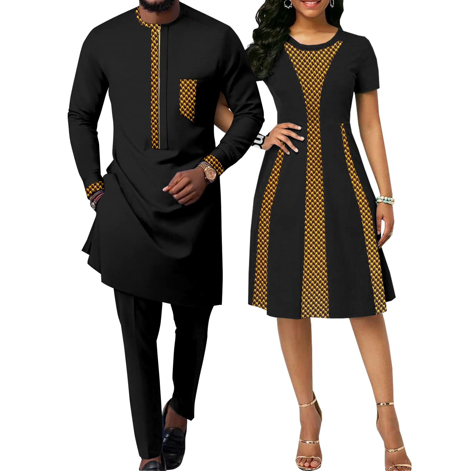 Realwax African Attire for Couple Women Print Wax Crew Neck Dress with Men Dashiki Long Vest Shirt and Pants Sets