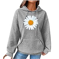 Women's Daisy Printed Oversized Hoodies Fall Long Sleeve Drawstring Waffle Knit Pullover Sweatshirt Tops with Pocket