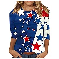Todays Daily Deals Clearance 4th of July Outfits Shirts for Women, Ladies Summer Casual 3/4 Length Sleeve Tshirts Independence Day Crewneck Top Blouses