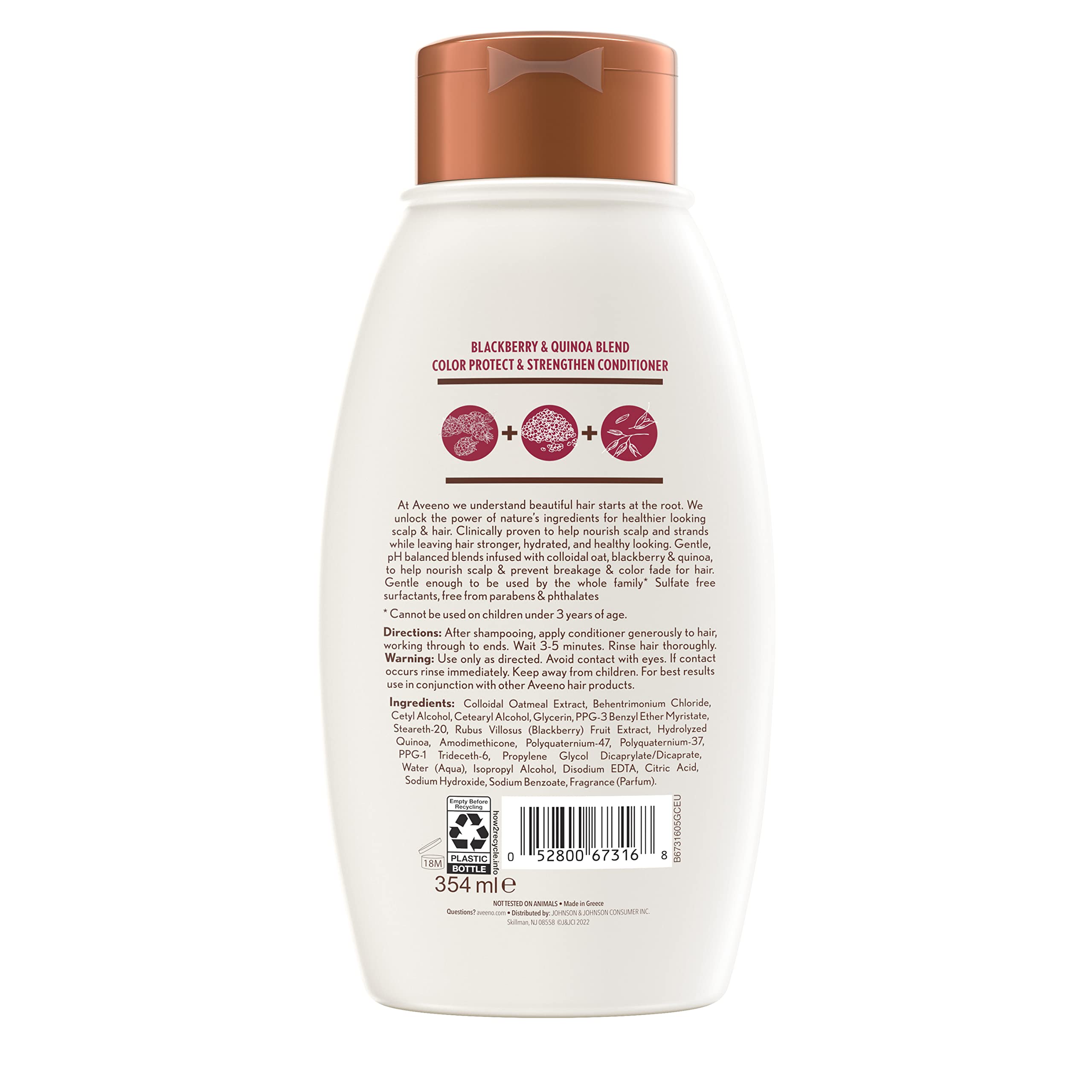 Aveeno Blackberry Quinoa Protein Blend Sulfate-Free Conditioner for Color-Treated Hair Protection, Daily Strengthening & Moisturizing Conditioner, Paraben & Dye-Free, 12 Fl Oz