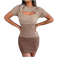 Women Sexy Cut Out Crewneck Bodycon Knit Sheath Dress Summer Short Sleeve Color Block Fashion T-Shirt Mini Dresses