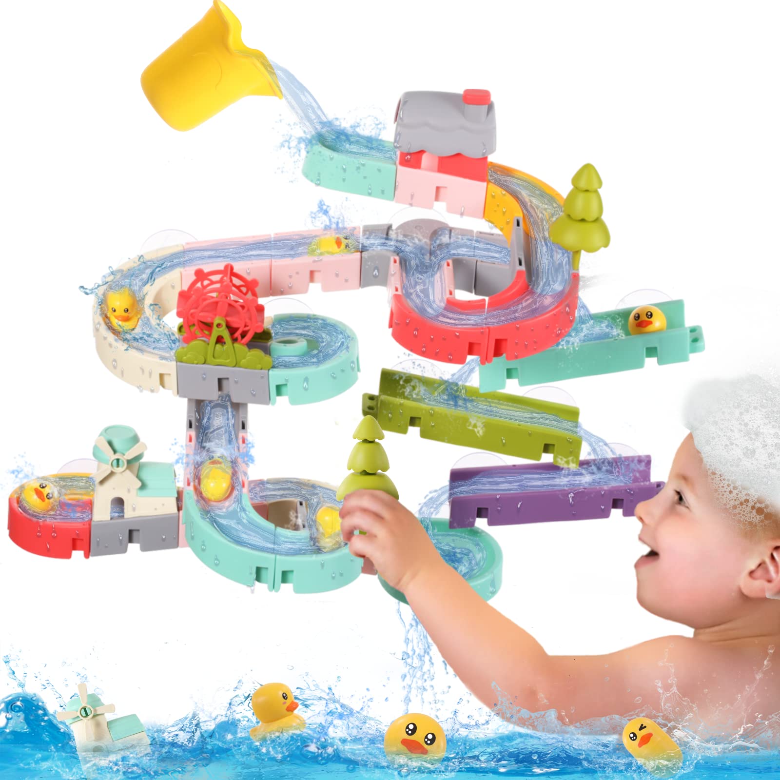 WELLVO 62PCS Bath Toys for Kids Ages 4-8 Duck Slide Bath Toys Wall Bathtub Toy Slide Bath Time Toys for Toddlers 3 4 5 6 Years DIY Take Apart Tracks Set Shower Toys Birthday Gifts for Boys Girls