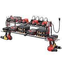 CCCEI Large Garage Tools Storage with Charging Station. Power Tool Battery Organizer Utility Shelf with Power Strip. 4 Drills Holder Wall Mount Rack.