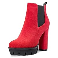Castamere Women High Heel Chunky Block Platform Round Toe Ankle Boots Short Bootie Slip-on Classic Boots