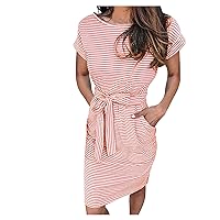 Women's T-Shirt Dress Summer Striped Short Sleeve Dress Casual Tie Waist Party Midi Sundress Business Wear with Pockets