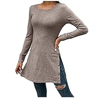 YZHM T Shirts for Women Long Sleeve Trendy Tops Split Side Tunic Tops Solid Crewneck Tees Fashion Tshirts for Spring Fall