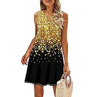 Spring Dresses for Women 2024, Summer Hollow Crew Neck Casual Sleeveless A-Line Vintage Print Swing Dress Casual Dresses (M, Gold)